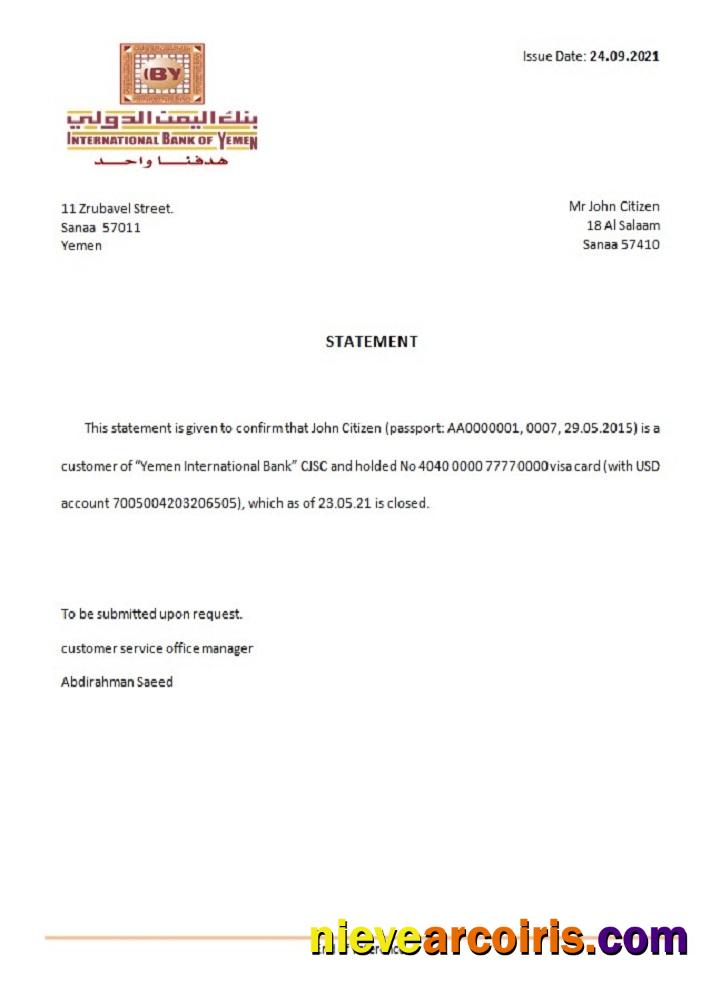 Yemen international bank closure reference